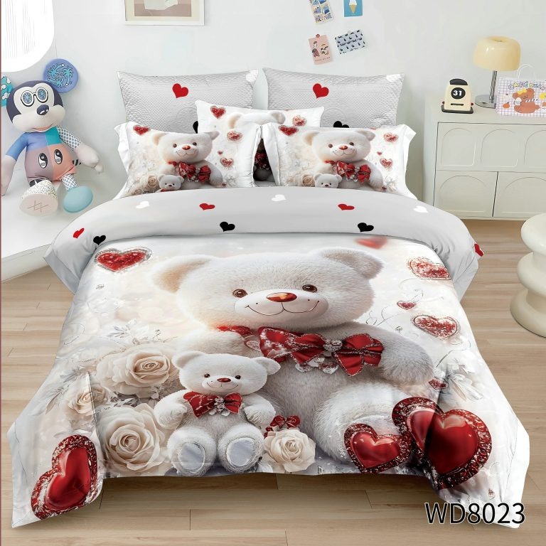 Lenjerie de pat Finet 5D Digital Print cu elastic – 4 piese, Teddy Love