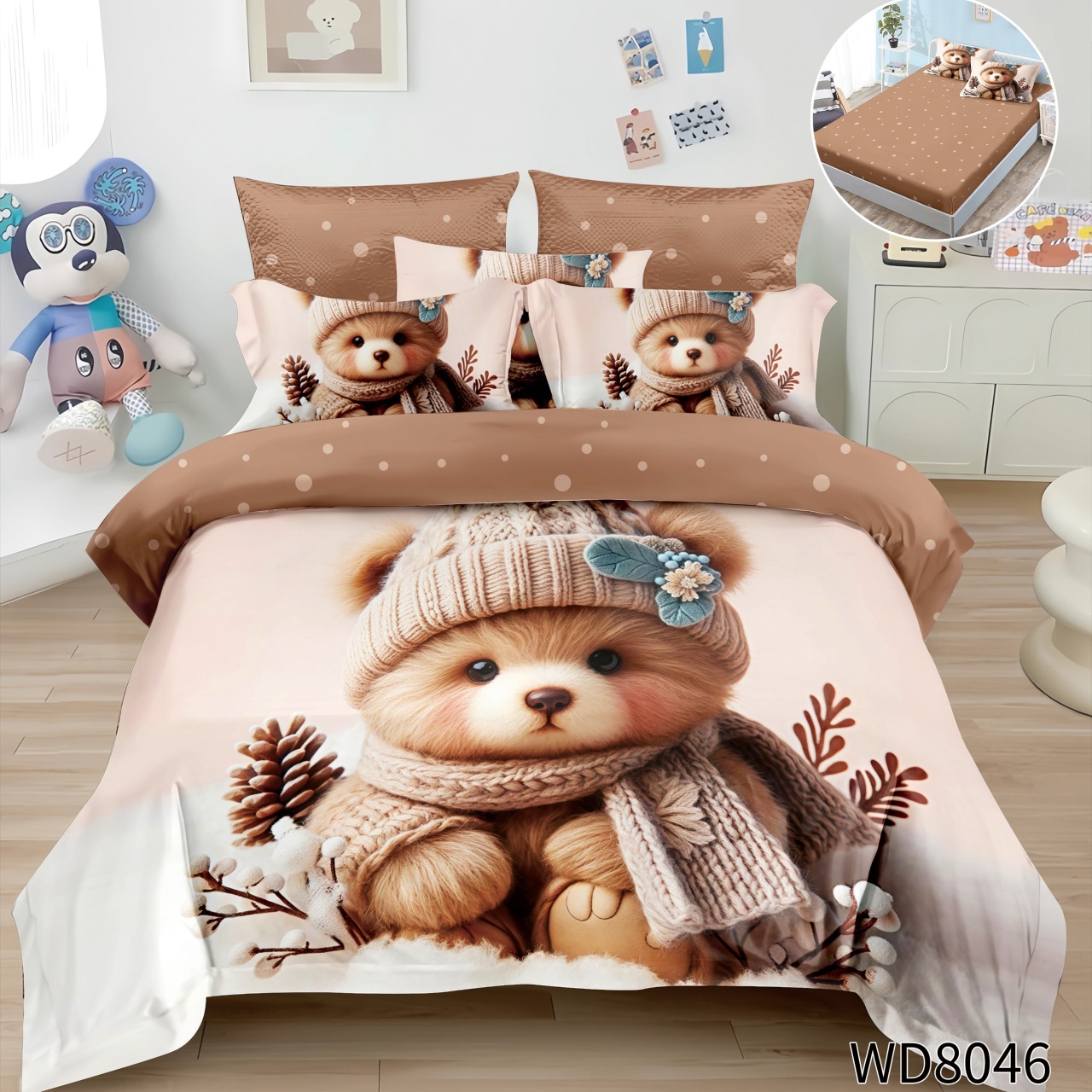 Lenjerie de pat Finet 5D Digital Print cu elastic – 4 piese, Winter Teddy Charm