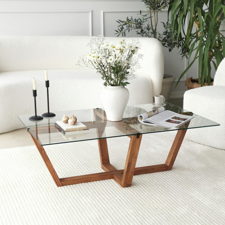 Masuta de Cafea Model Princess, 105x65x35 cm, Nuc, Blat Sticla securizata
