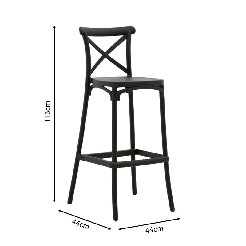 Scaun de bar pentru exterior, Model Crossie, culoare negru, Polipropilena, 44x44x113 cm