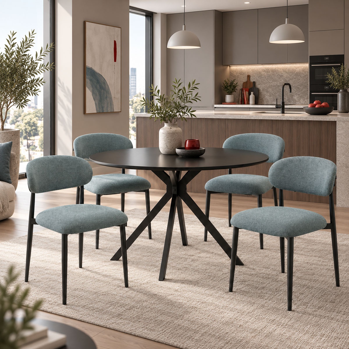 Scaun dining Kaourt, tapițat cu material textil, Albastru petrol/Negru, 49 × 55 × 80 cm
