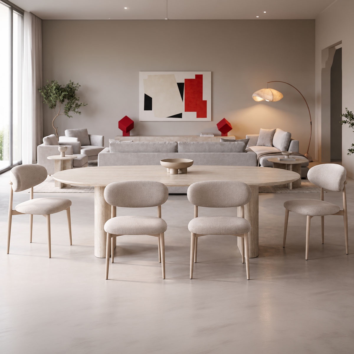 Scaun dining Kaourt, tapițat cu material textil, Bej/Crem, 49 × 55 × 80 cm