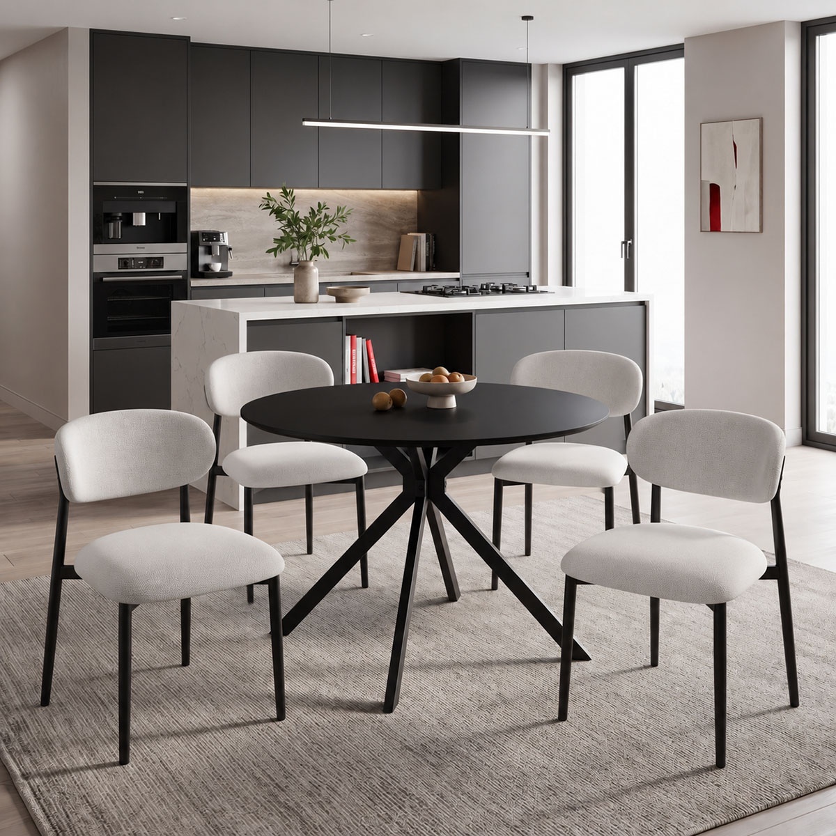 Scaun dining Kaourt, tapițat cu material textil, Ivoire/Negru, 49 × 55 × 80 cm