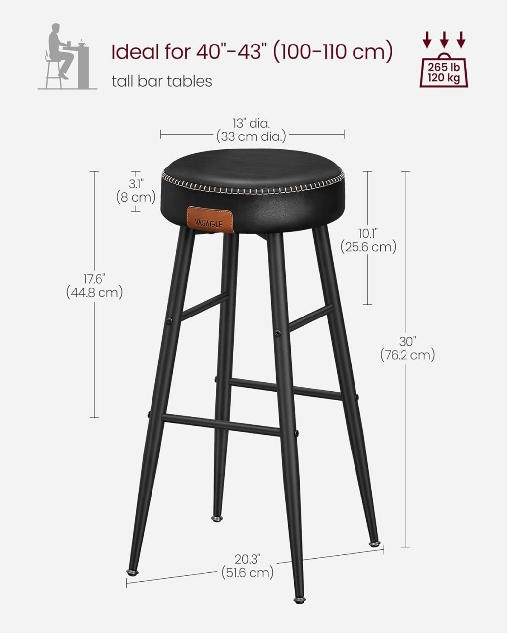 Set 2 scaune de bar Model Emberly, Negru, 51.6x51.6x75 cm - 2 | YEO