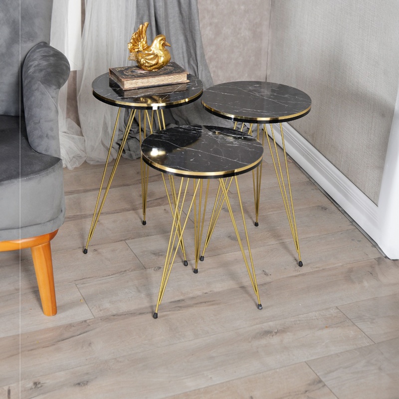 Set 3 Masute Laterale Model Wakmi, Negru marmorat/Auriu - 1 | YEO