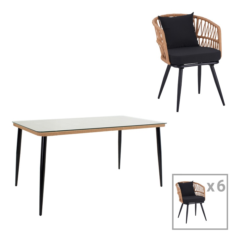 Set masă și scaune de exterior, 7 Piese, Model Naoki, Natural/Negru, 160x90x78 cm