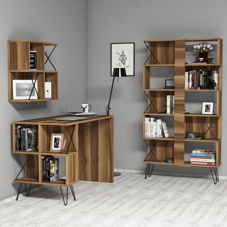 Birou cu Biblioteca Salvador, model Extra2, 120x78.8x60 cm, Nuc/Negru - 1 | YEO