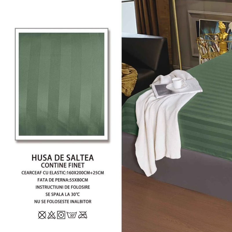 Cearsaf cu elastic 160x200 cm si 2 Fete de Perna Damasc, Atlas V5 Forest Green (Finet)