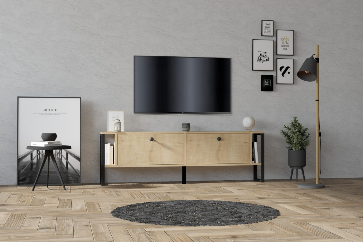 Comoda TV Salvador, Model Ahu, 160x50.4x24.5 cm, Stejar safir