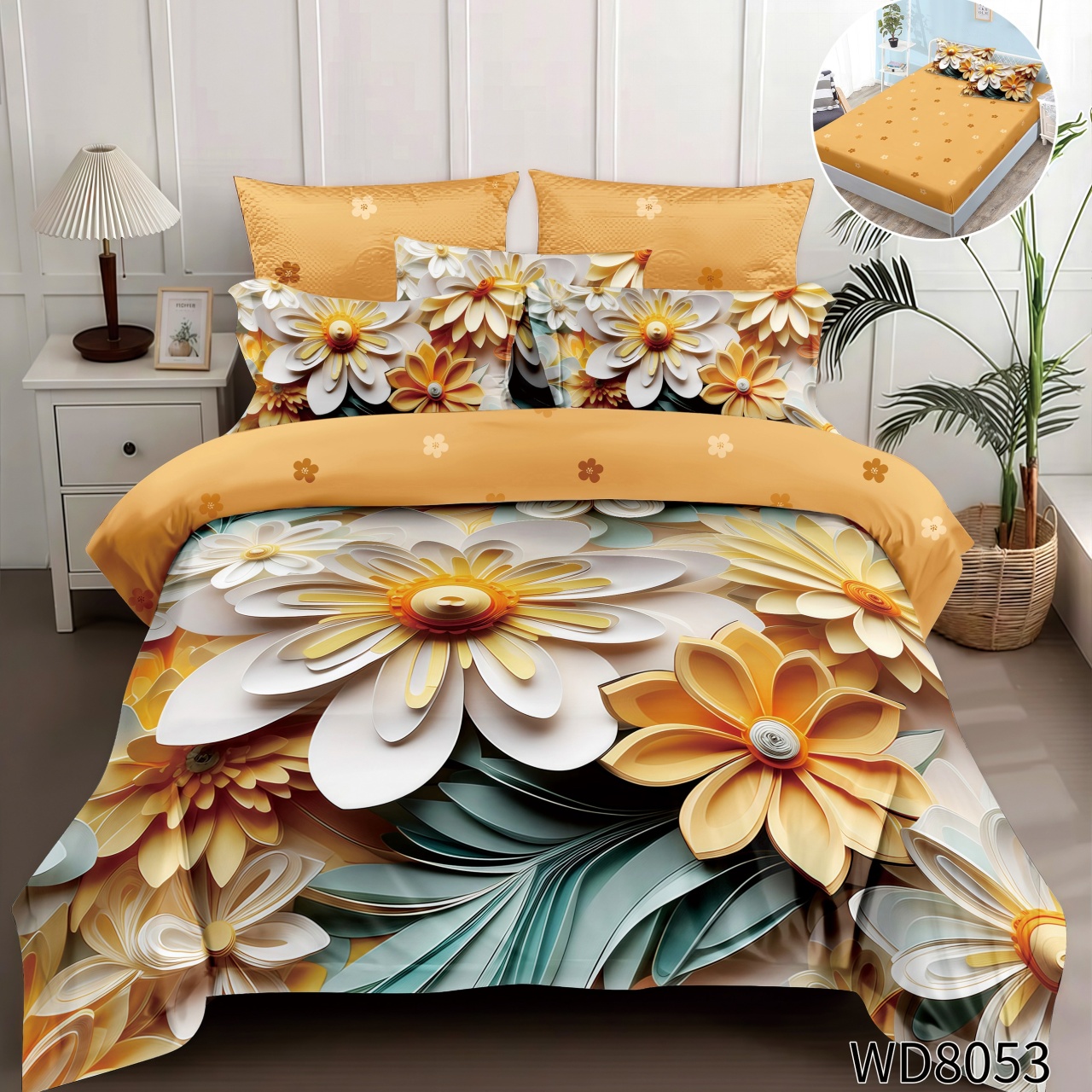 Lenjerie de pat Finet 5D Digital Print cu elastic – 4 piese, Golden Bloom Garden