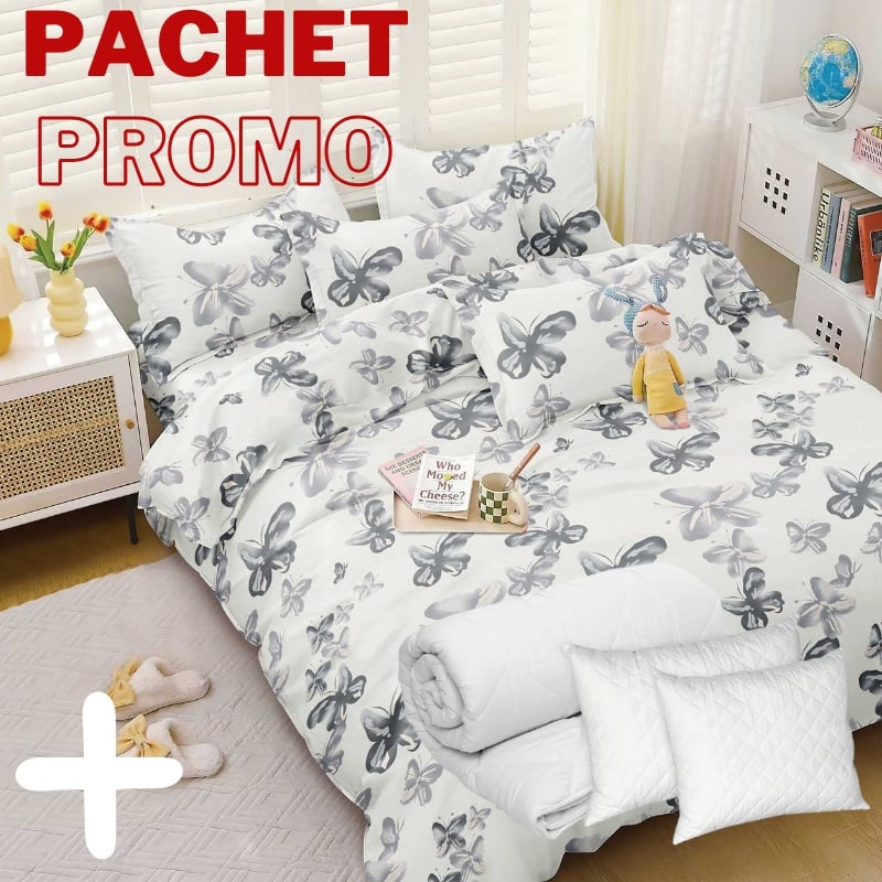 Pachet Lenjerie + Pilota + Perne Pastel Butterfly 4 Piese