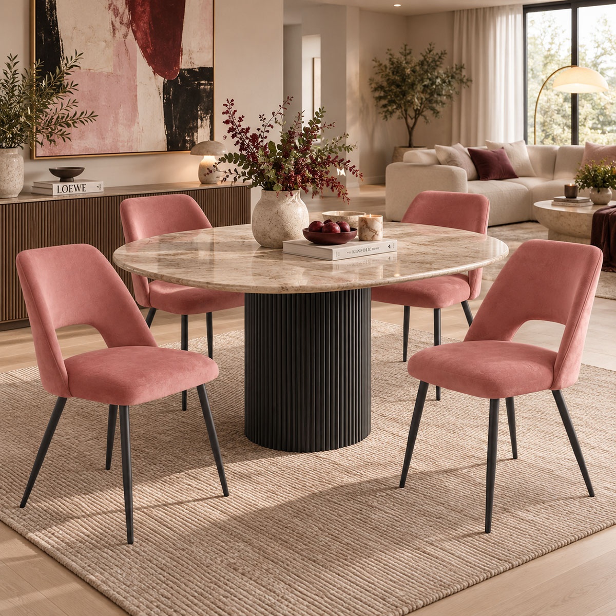 Scaun dining Nelda, tapițat cu catifea, Roz prăfuit/Negru, 44 × 58 × 82 cm
