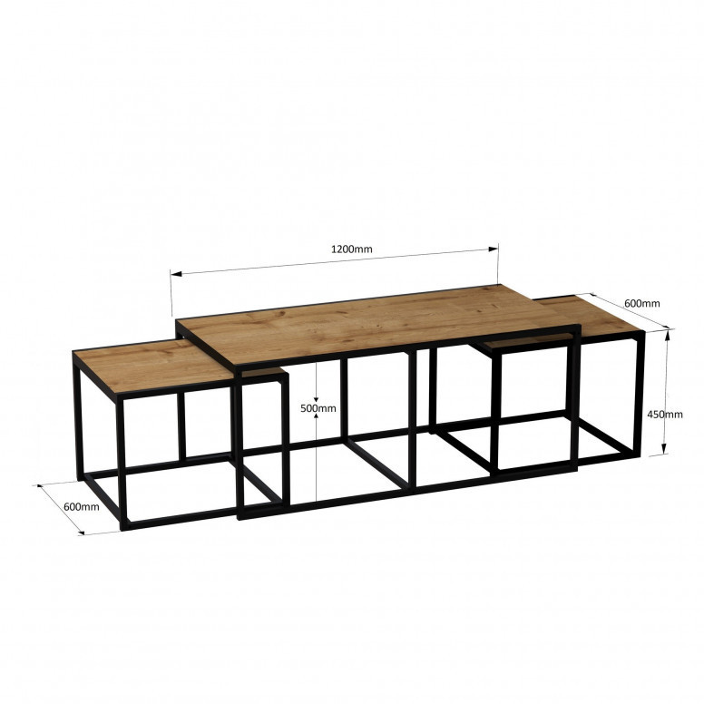 Set 3 Masute de Cafea Model Banks, 120x60x50/60x60x45 cm, Stejar/Negru