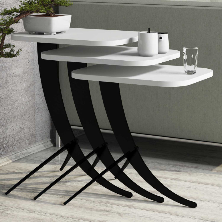 Set 3 Masute de Cafea Model Jaxxon, 35x60x45/35x54.5x45/35x48.5x45 cm, Alb/Negru