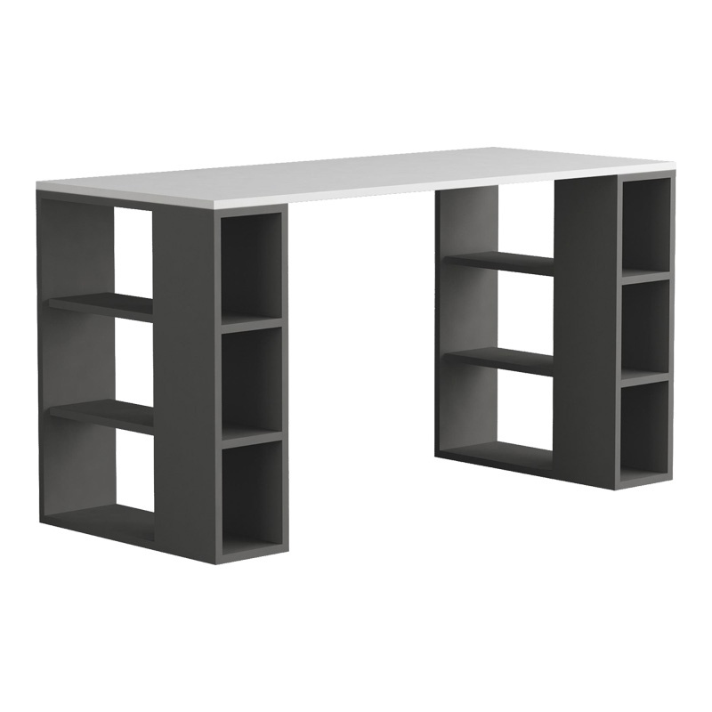 Birou cu rafturi Model Colmar, Alb/Gri inchis, 140x60x75 cm