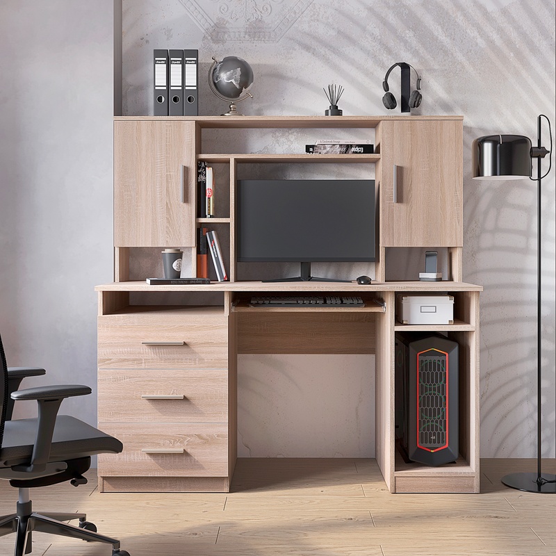Birou cu rafturi si sertare Model Keldra, Stejar sonoma, 140x59.8x142.2 cm - 1 | YEO