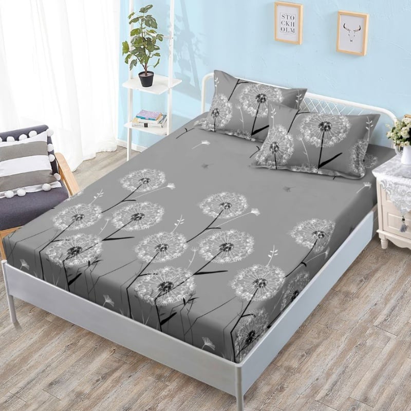 Cearsaf cu elastic si 2 Fete de Perna, Grey Dandelion 160x200 cm (Finet)