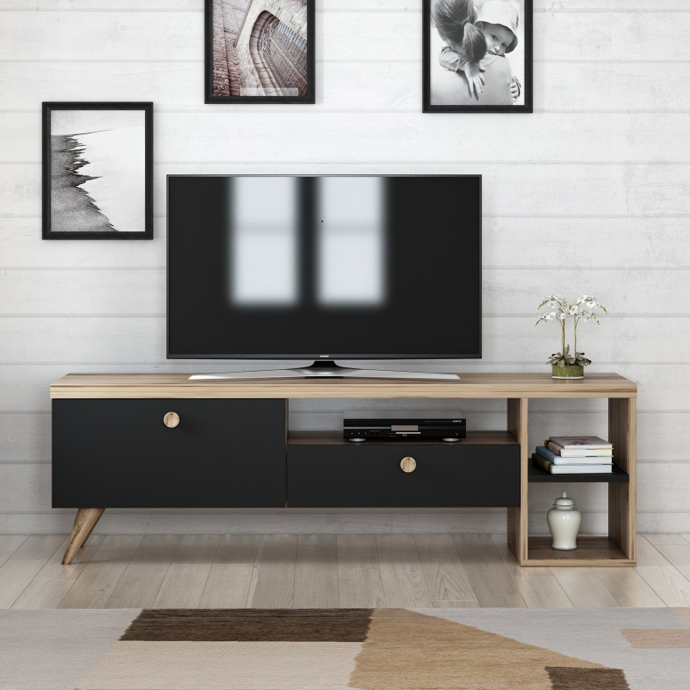 Comoda TV Salvador, Model Parion, 150x47x35 cm, Negru/Stejar