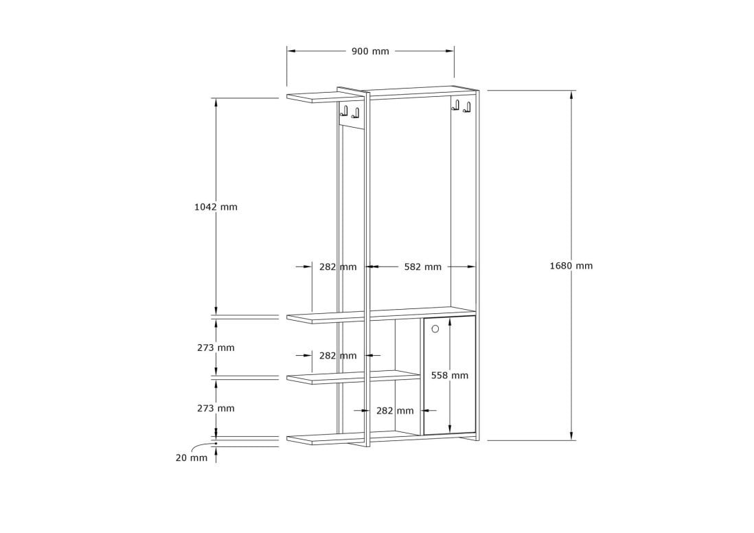 Cuier cu rafturi Model Kumsal, Pin, 90x33x168 cm