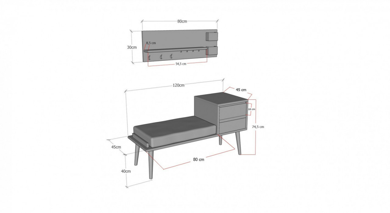 Cuier hol cu bancuta Model Orin, Nuc/Antracit/Gri, 120x45x74.5 cm