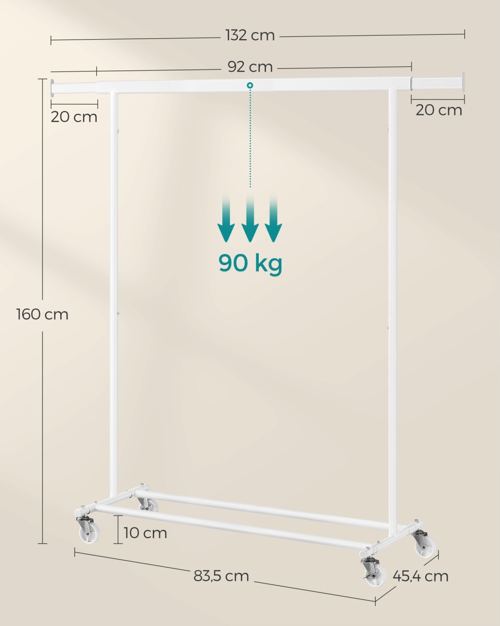 Cuier pe roti Songmics Alb 134x45.4x160 cm - 4 | YEO