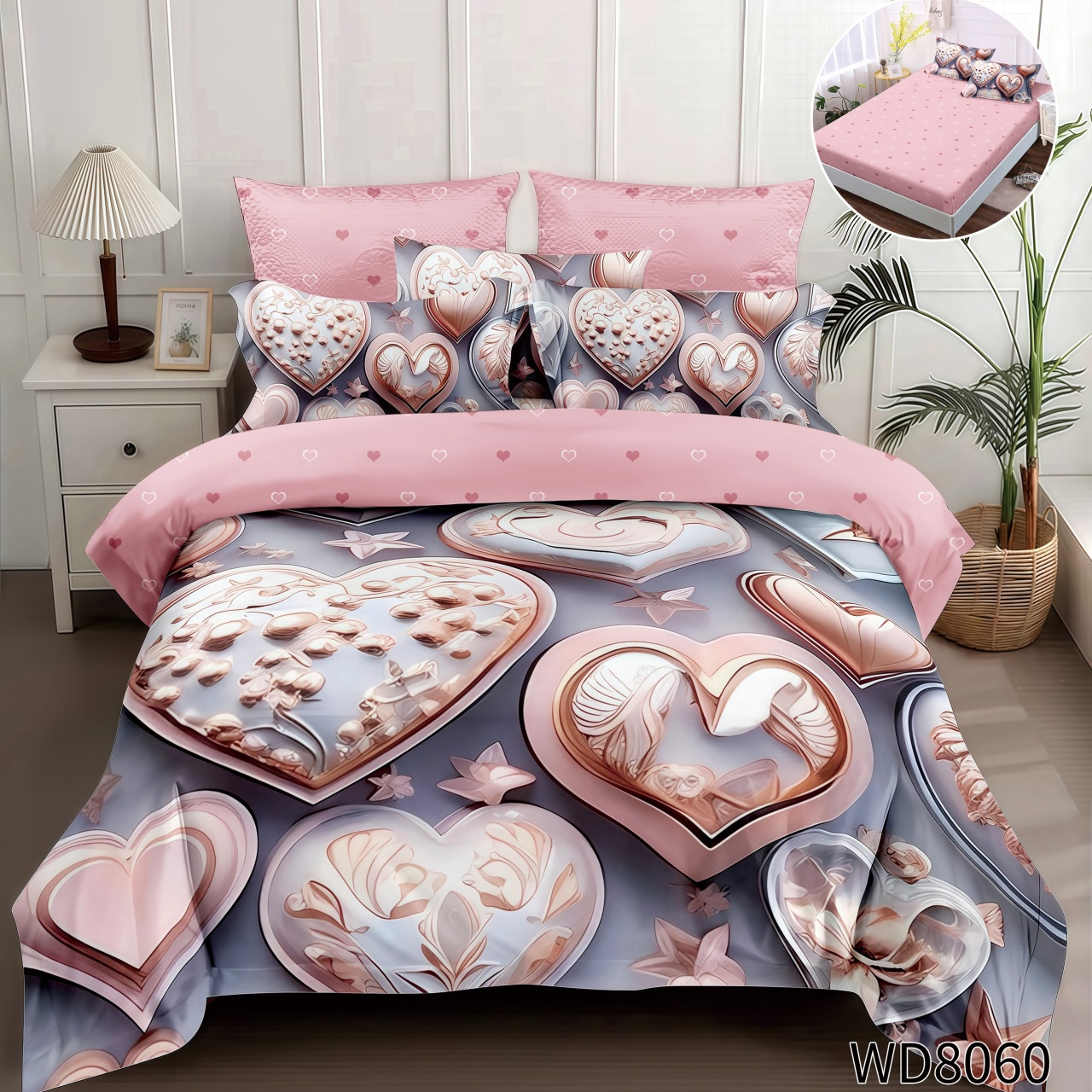 Lenjerie de pat Finet 5D Digital Print cu elastic – 4 piese, Romantic Heart Dreams