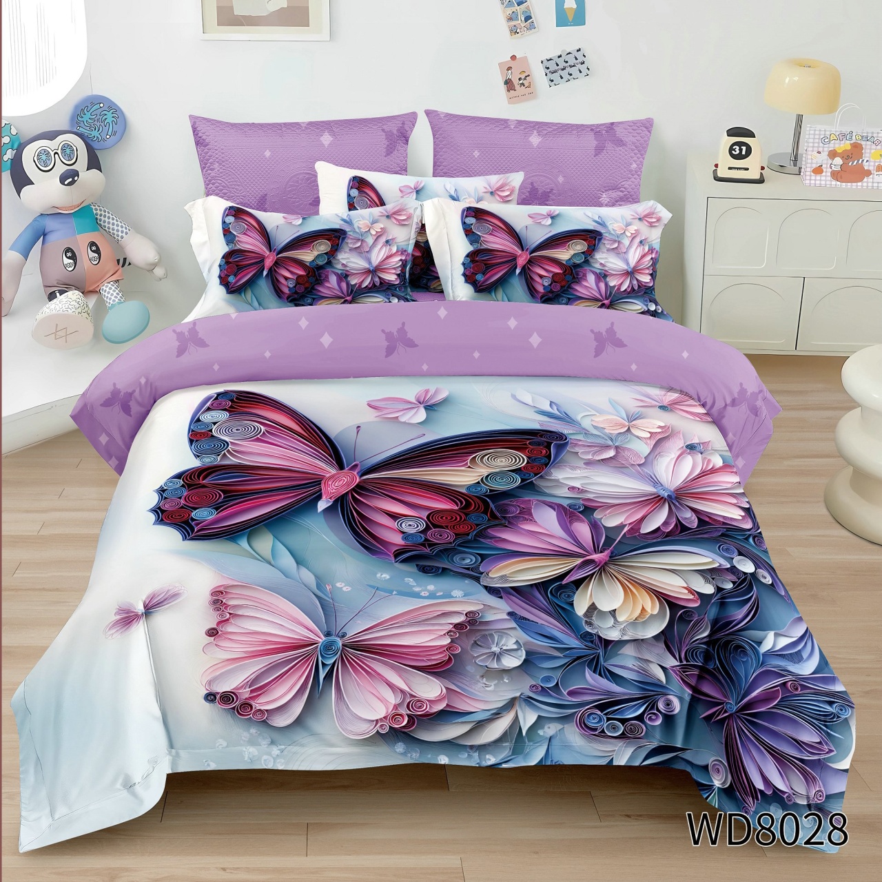 Lenjerie de pat Finet 5D Digital Print cu elastic – 4 piese, Violet Fantasy Butterflies