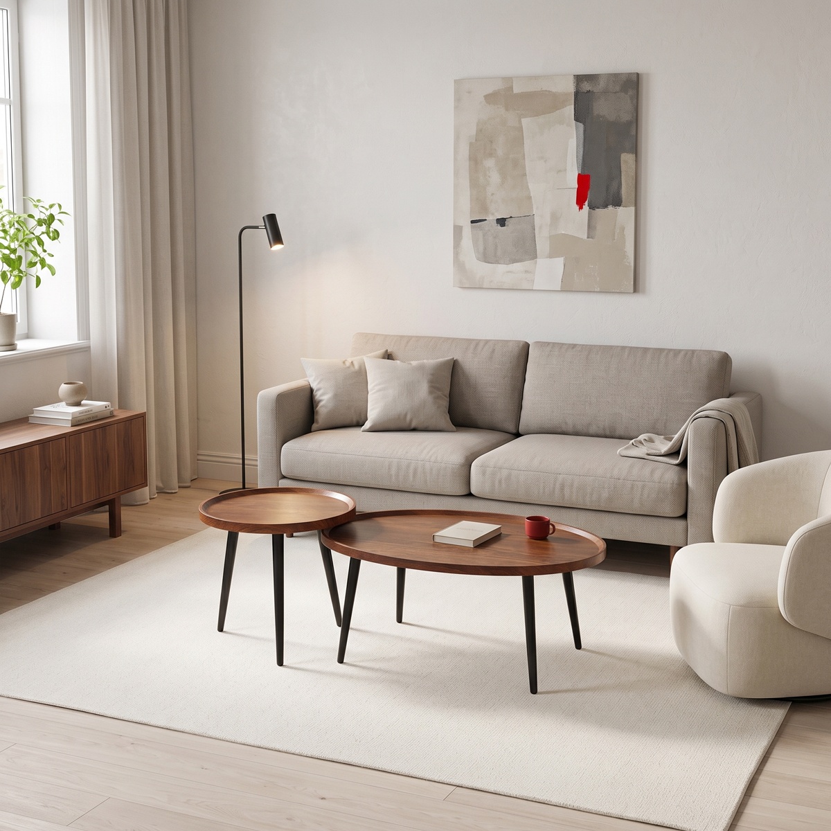 Set 2 măsuțe de cafea Jeda, Nuc, 100 × 60 × 42 cm / 50 × 50 × 48 cm