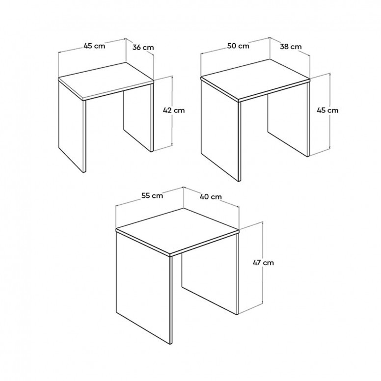 Set 3 Masute de Cafea Model Phan, 45x36x42/50x38x45/55x40x47 cm, Alb - 2 | YEO