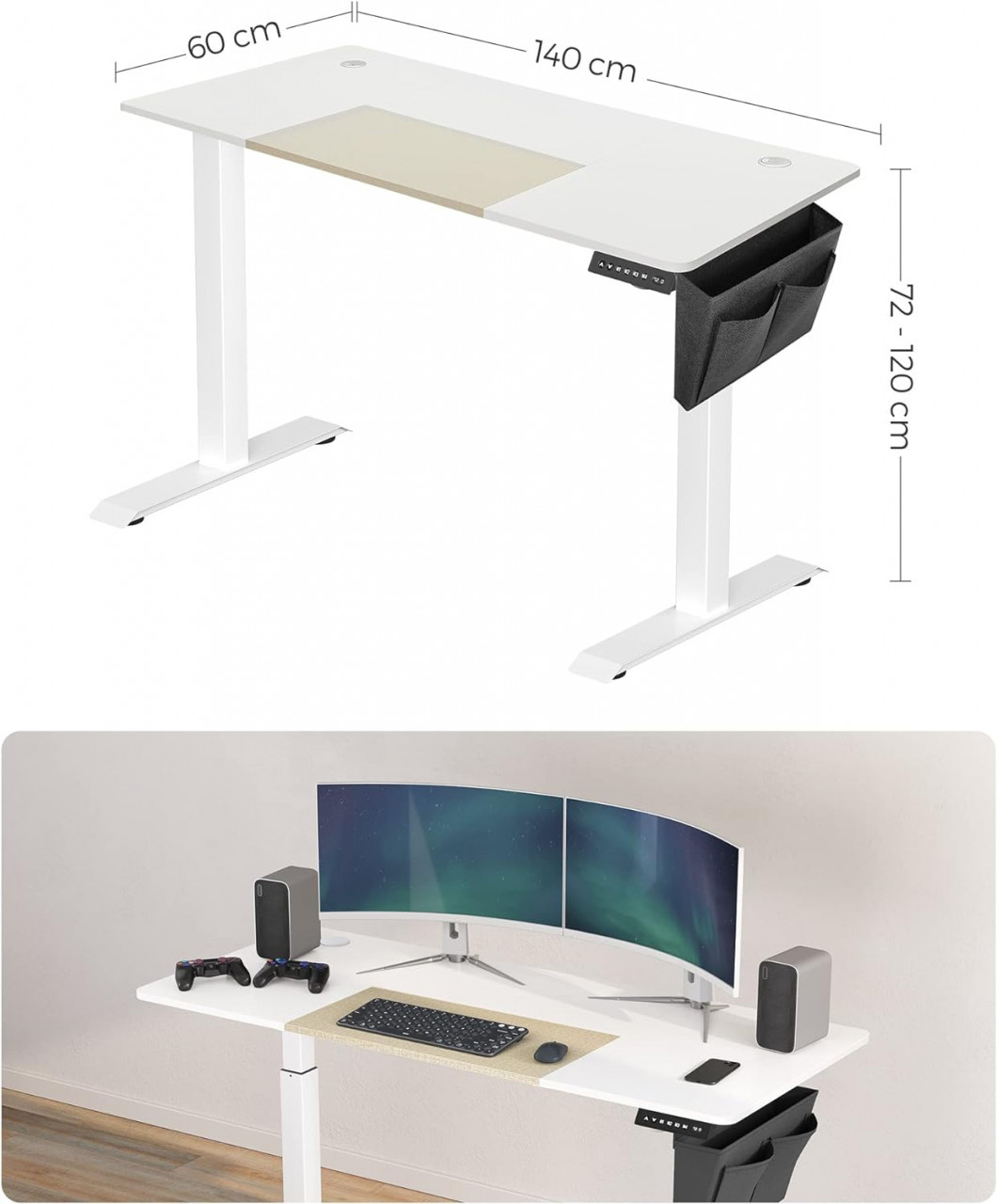 Cadru pentru Birou Songmics, model Jaxen, 140x72-120x60 cm, Alb/Bej - 3 | YEO