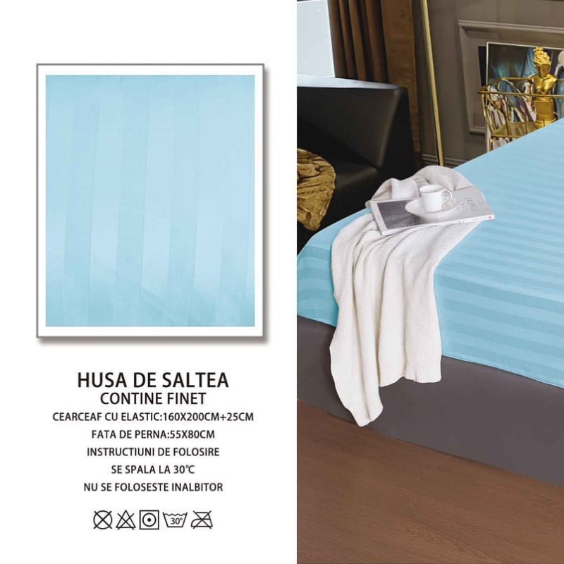 Cearsaf cu elastic 160x200 cm si 2 Fete de Perna Damasc, Atlas V15 Forest Blue (Finet)