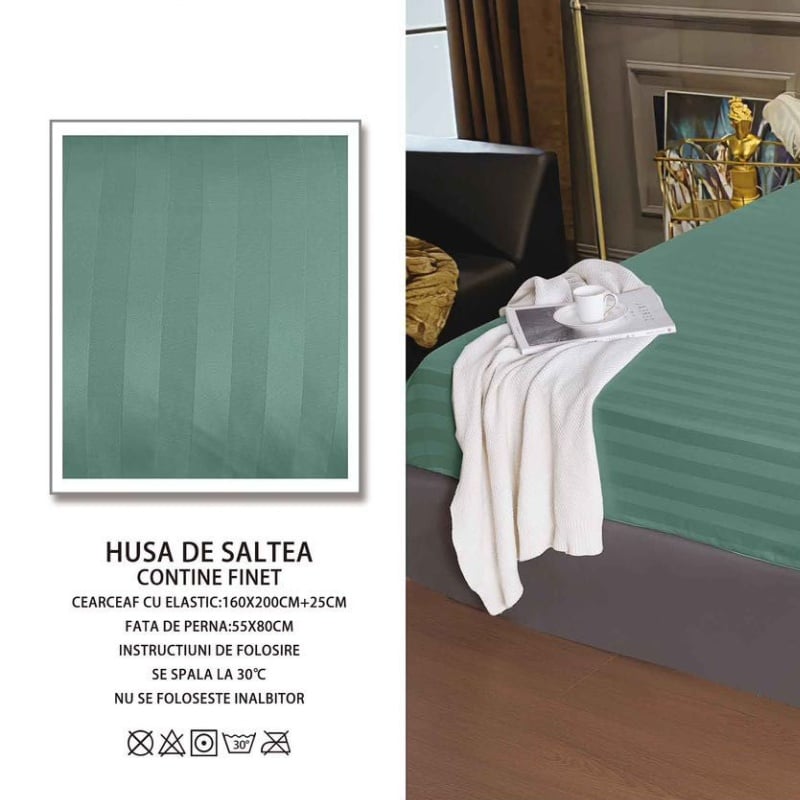 Cearsaf cu elastic 160x200 cm si 2 Fete de Perna Damasc, Atlas V2 Emerald (Finet)