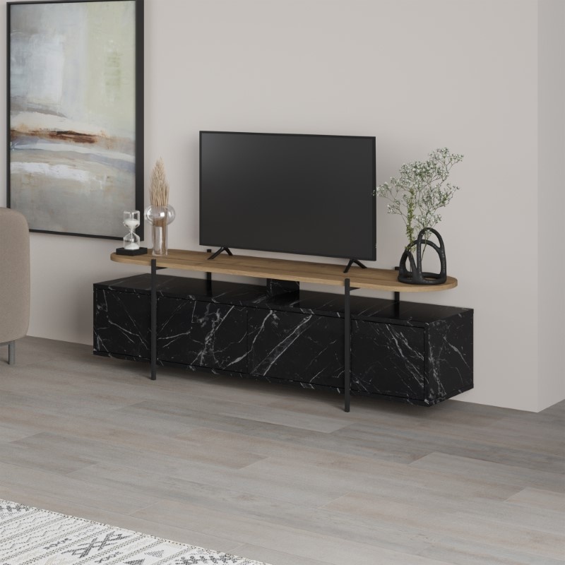 Comodă TV Model Ondine, Negru marmorat/Natur, 160x35.5x48 cm - 1 | YEO