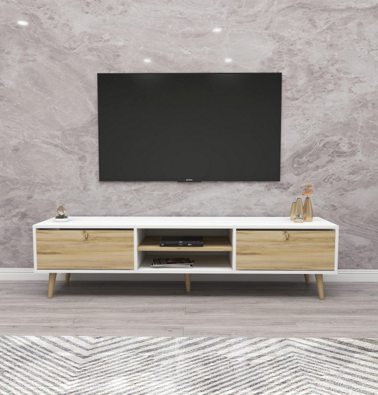 Comoda TV Salvador, Model Kraf, 180x50x40 cm, Alb/Nuc