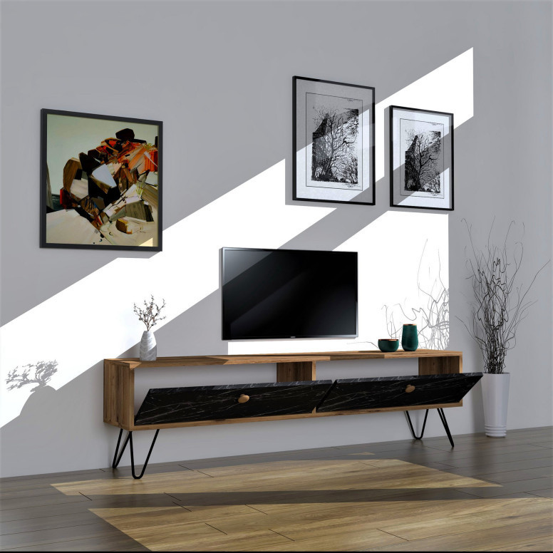 Comoda TV Salvador, Model Side, 160x45x29.6 cm, Pin atlantic/Negru marmorat - 1 | YEO