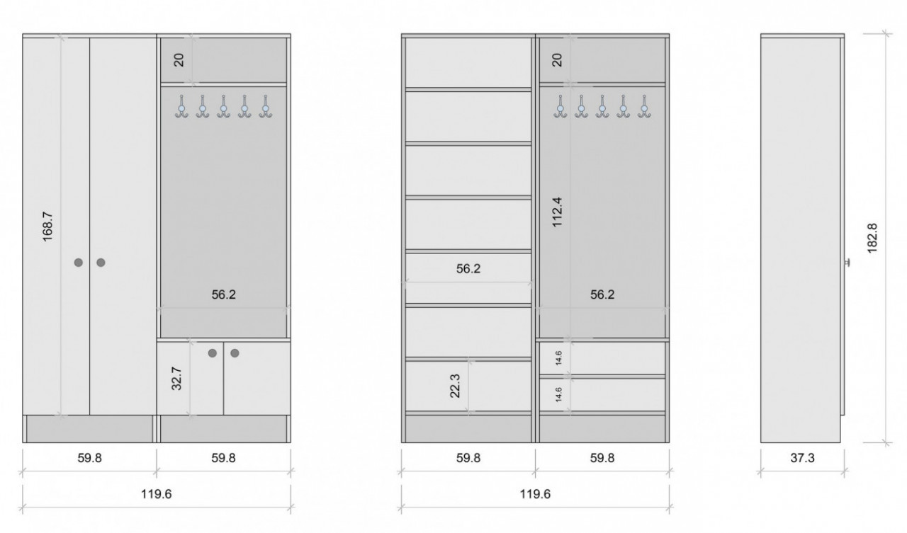 Cuier hol cu dulap Model Bruce, Alb, 119.6x37.3x182.8 cm - 1 | YEO