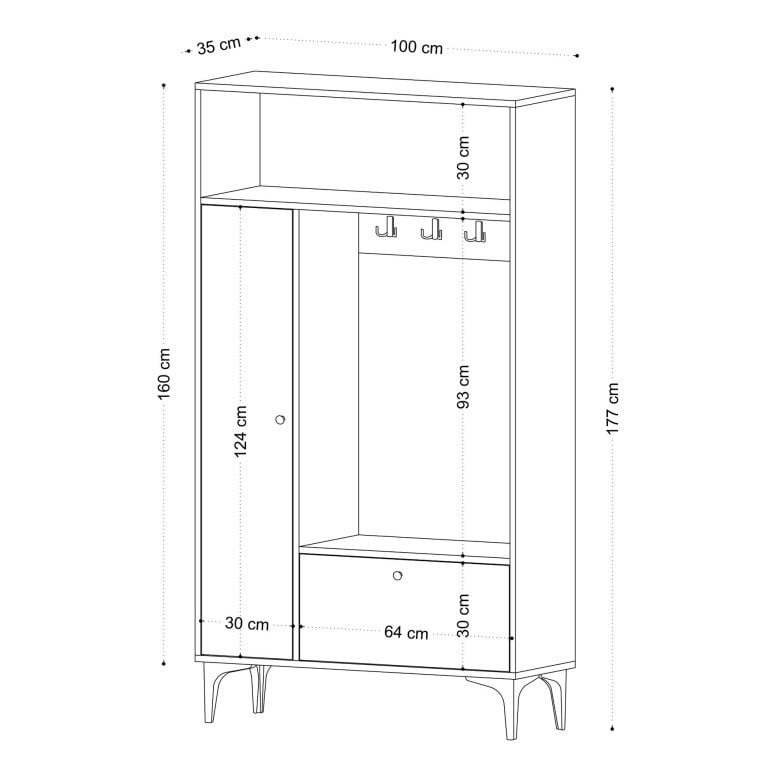 Cuier hol cu dulap Model Pera, Pin, 100x35x177 cm