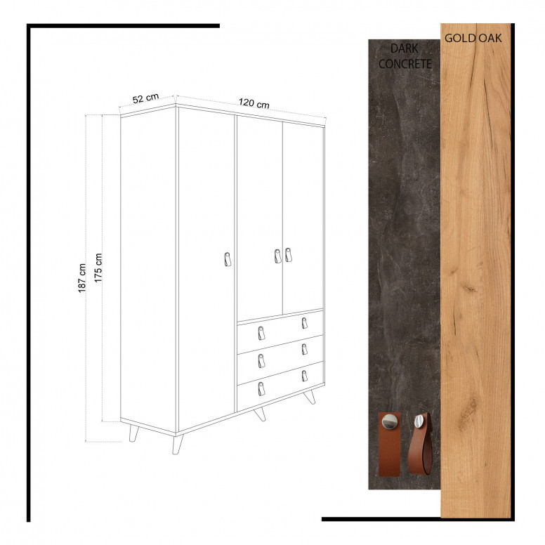 Dulap haine Model Chunky, Stejar/Ciment, 120x52x187 cm