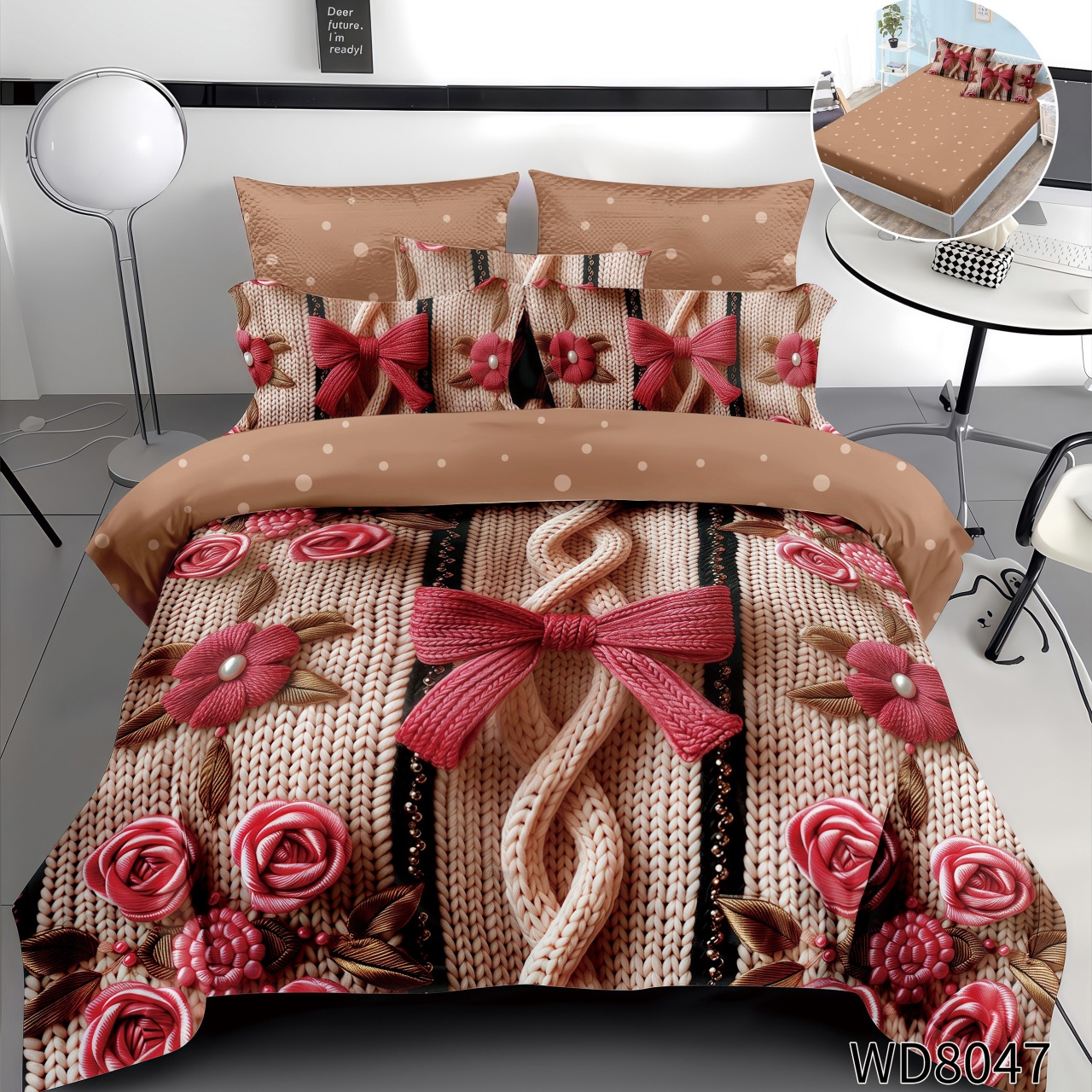 Lenjerie de pat Finet 5D Digital Print cu elastic – 4 piese, Knitted Rose Ribbon