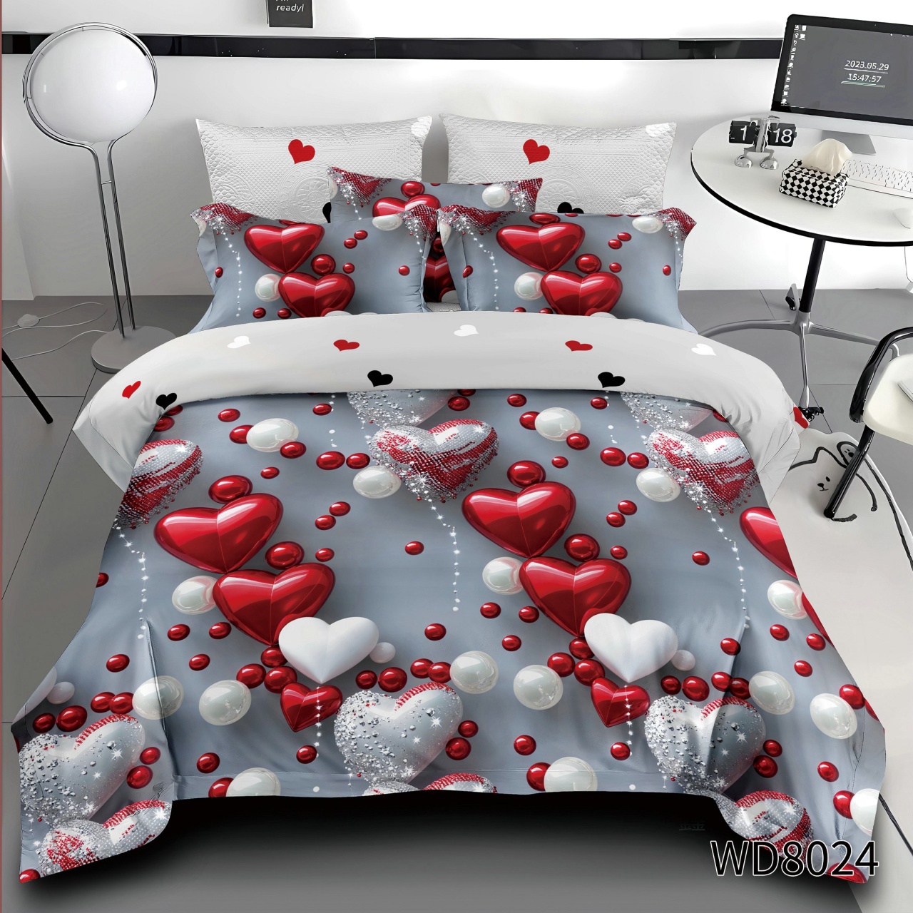 Lenjerie de pat Finet 5D Digital Print cu elastic – 4 piese, Silver Hearts