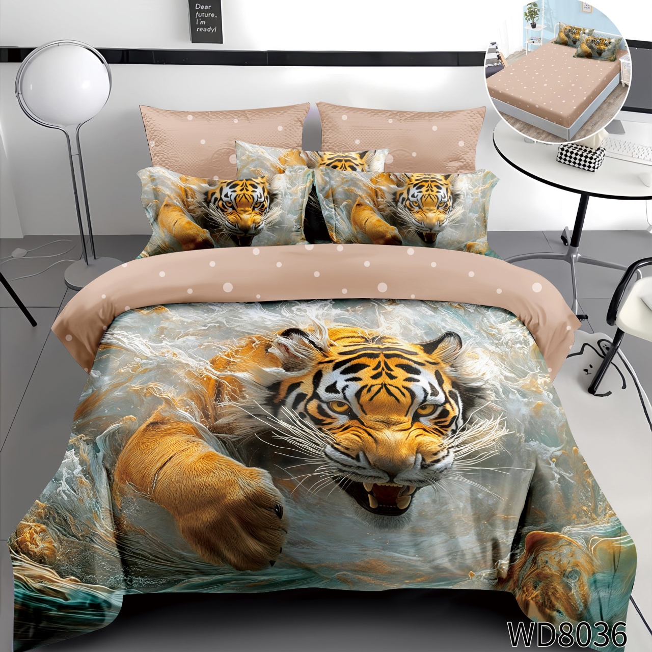 Lenjerie de pat Finet 5D Digital Print cu elastic – 4 piese, Wild Tiger Spirit