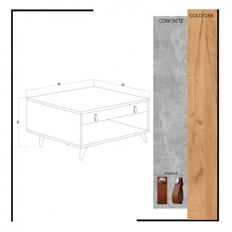 Masuta de Cafea Model Alfaro, 80x80x40 cm, Natural/Gri Inchis