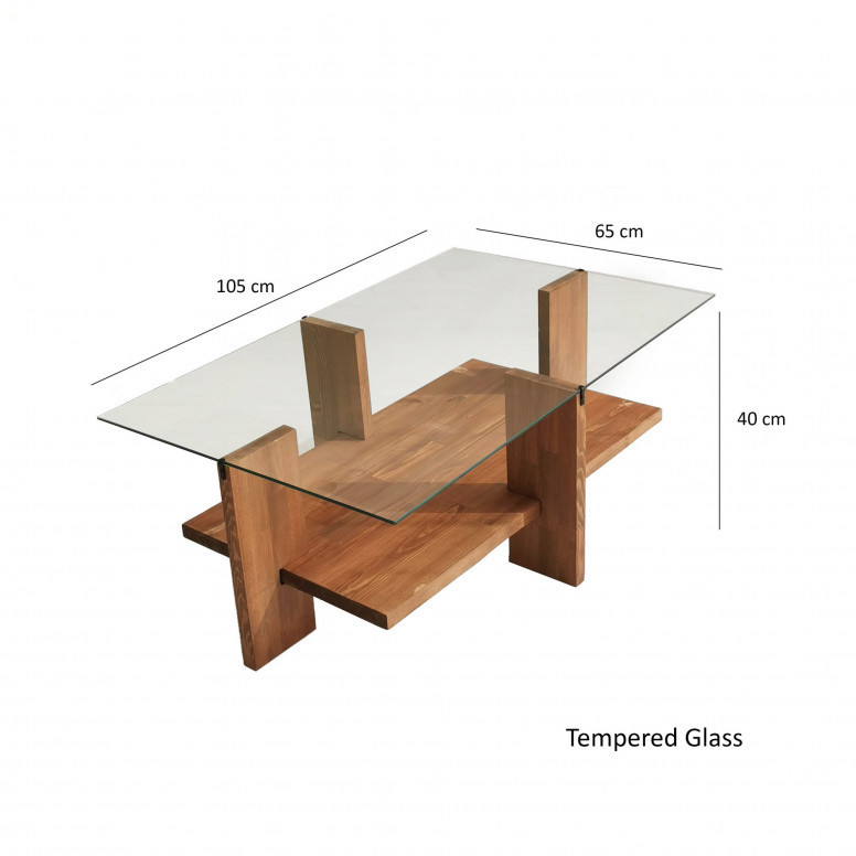 Masuta de Cafea Model Finley, 105x60x40 cm, Molid, Lemn masiv, Blat Sticla securizata - 2 | YEO