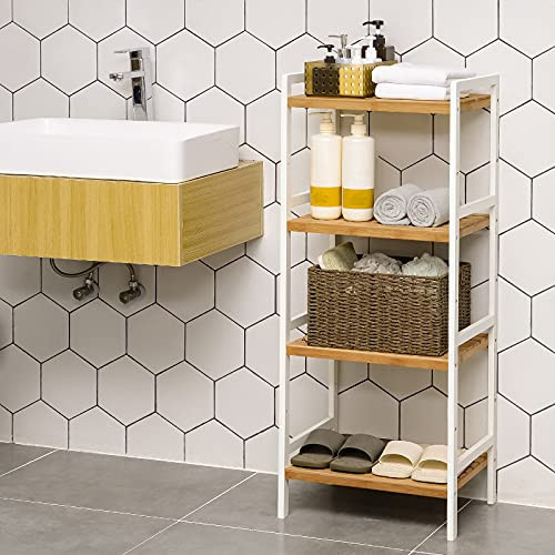 Raft pentru baie, 4 polițe Model Luna, Alb/Natural, 45x31.5x111 cm