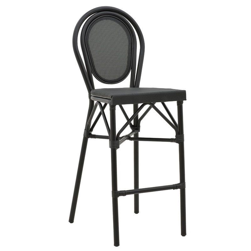 Scaun de bar pentru exterior, Model Dezyan, culoare negru, aluminiu si textil, 41.5x53.5x116 cm