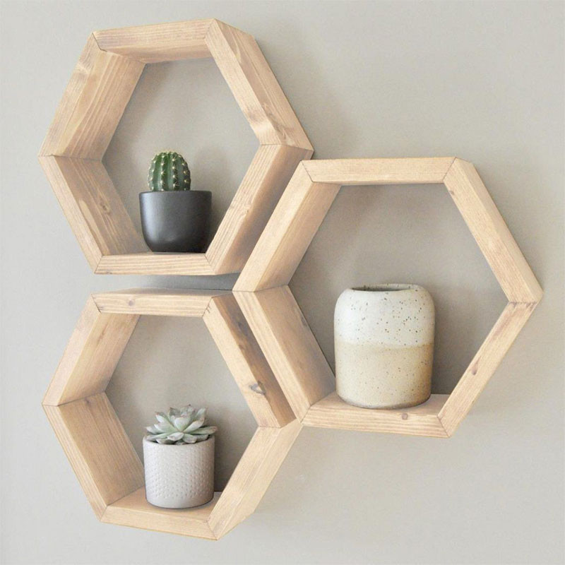 Set 3 Etajere lemn hexagonale de perete Radix 3 bucati lemn masiv natural 30x9x34cm - 1 | YEO