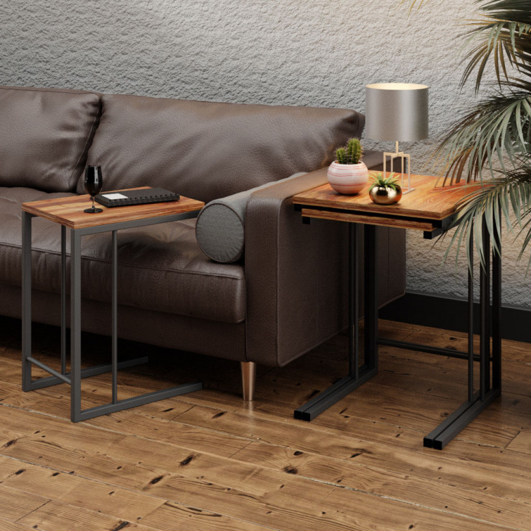Set 3 Masute de Cafea Model Tucker, 44x40x55/42x35x52/40x29.5x49 cm, Stejar/Gri