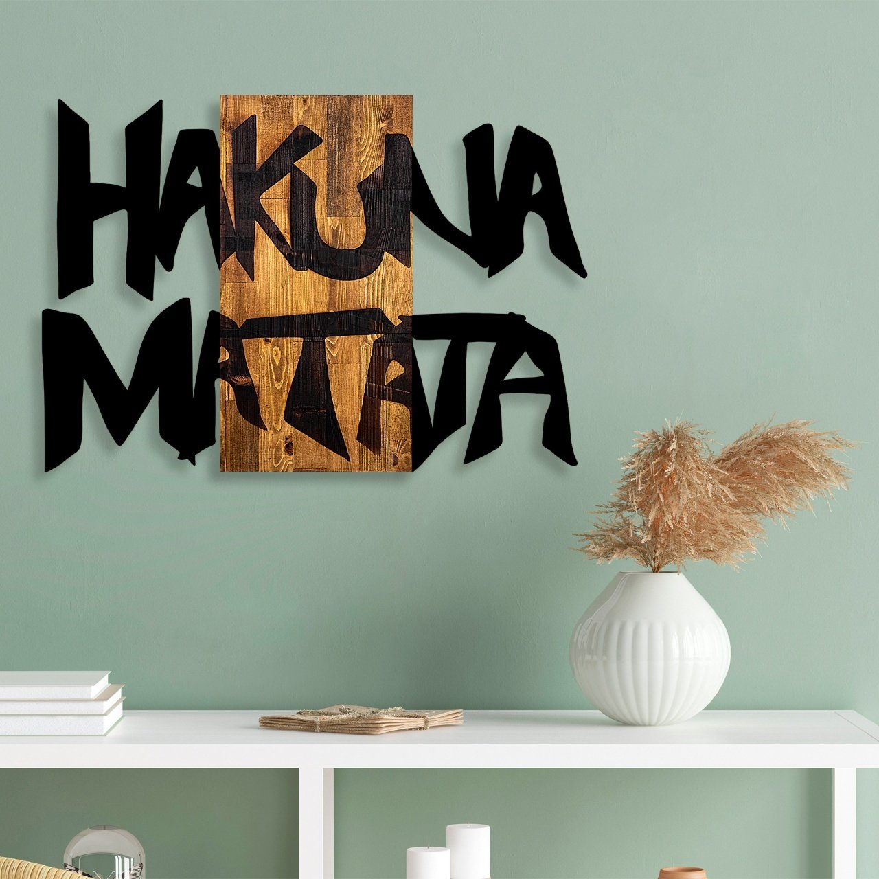 Tablou din lemn si metal Hakuna Negru 77x3x58 cm