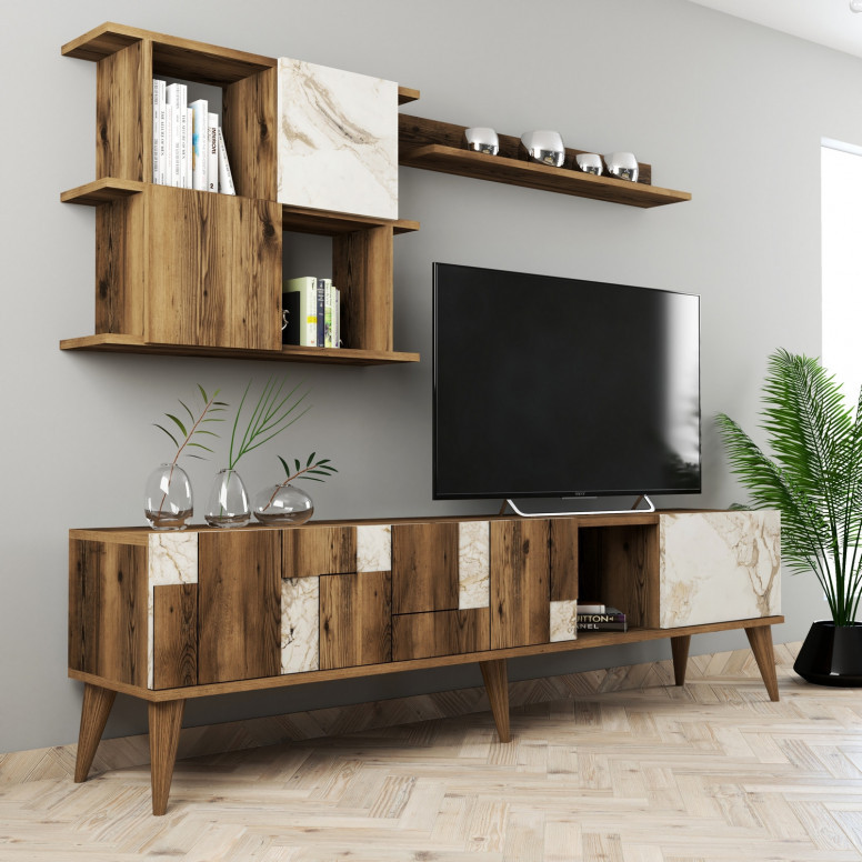 Ansamblu Comoda TV Madrid Alb-Walnut - 1 | YEO