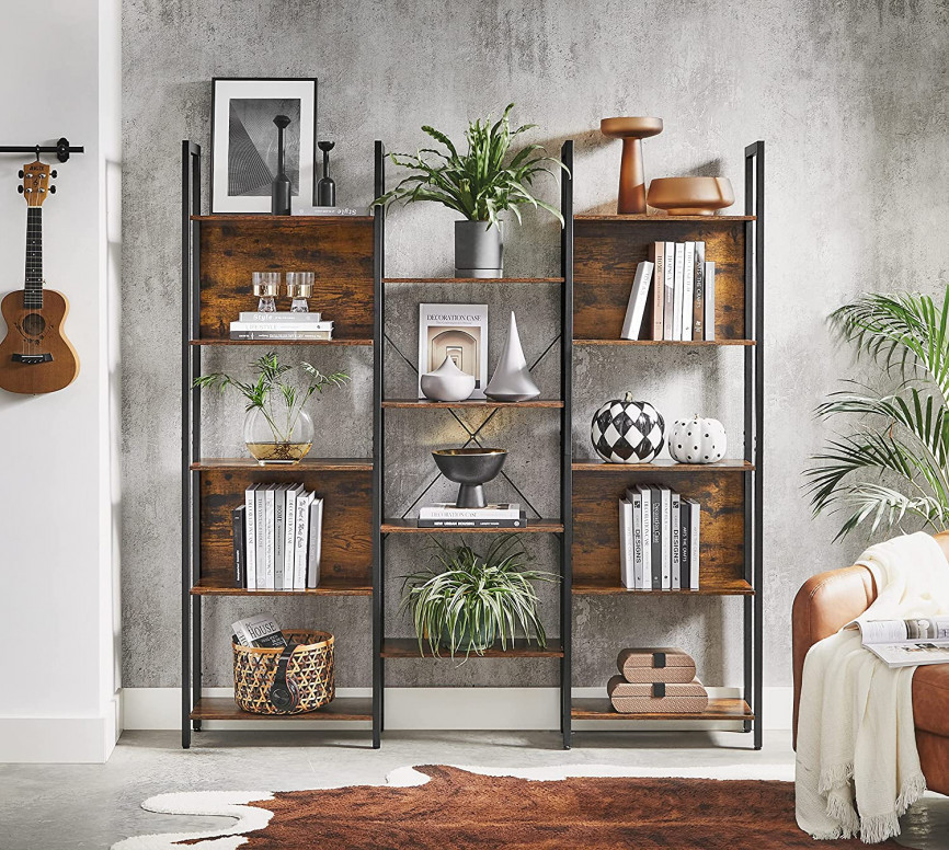 Biblioteca cu rafturi Model Lauren, Maro rustic/Negru, 158x24x166 cm - 1 | YEO